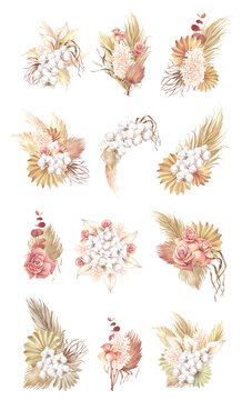 Set of watercolor boho bouquets on a white background. © IrinaLitvinova