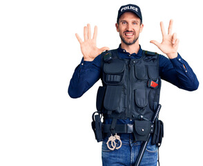 Young handsome man wearing police uniform showing and pointing up with fingers number eight while smiling confident and happy.