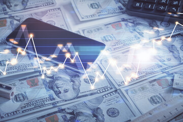 Double exposure of forex graph drawing over us dollars bill background. Concept of financial markets.