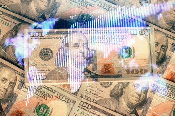 Multi exposure of business theme drawing over us dollars bill background. Concept of financial success.