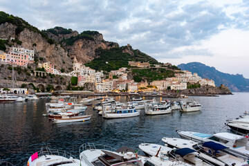 Italy, Campania, Amalfi - 17 August 2019 - View of the port of Amalfi at sunset
