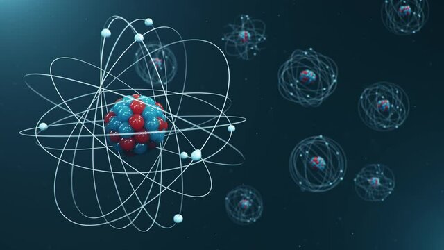 Atomic structure. Atom is the smallest level of matter that forms chemical elements. Nuclear reaction. Concept of physics, science. Neutrons and protons - nucleus. Loop-able seamless 4K 3D animation