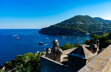 Obraz premium Italy, Campania, Ischia - 18 August 2019 - Glimpse of some structures of the castle and of the island of Ischia