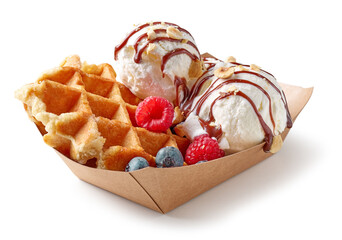 belgian waffle with fresh berries and vanilla ice cream