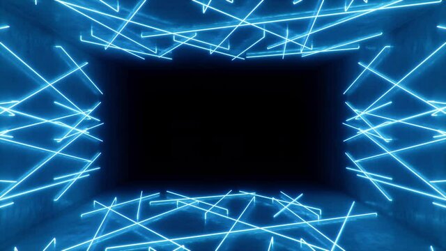 Abstract seamless looped 3d animation of neon, fluorescent ultraviolet light, moving forward. Flying in futuristic corridor. Neon lights that illuminate the interior. Mockup for your design project.