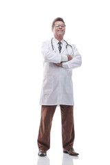 full- length . smiling doctor with a stethoscope looking at the camera
