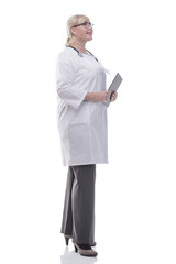 friendly female doctor with clipboard looking at you