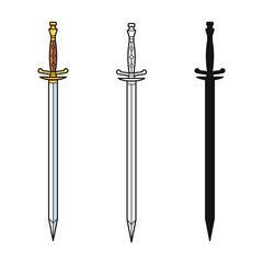 Set of knight swords isolated on white background. Swords in flat style and silhouettes. Vector illustration.