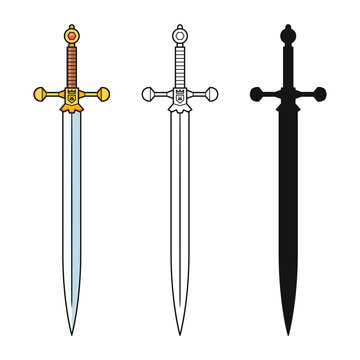 Swords set. Sword isolated on white background. Military sword ancient weapon design silhouette, European straight swords. Vector illustration.