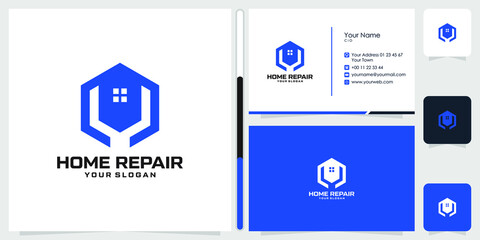 home repair logo design and business card Vector Premium