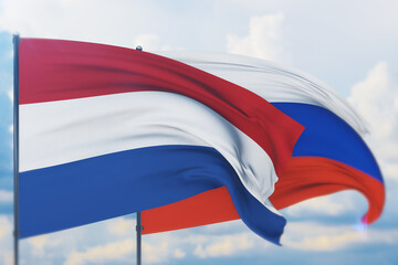 Waving Russian flag and flag of Netherlands. Closeup view, 3D illustration.