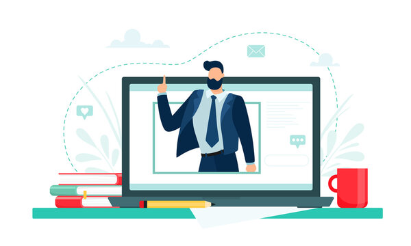 Online education concept. Remote education. Master Class. Vector illustration in cartoon flat style.