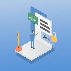 Electronic signature online. Business Esignature technology, digital form attached to electronically transmitted document, verification of intent to sign agreement, legal deal,Vector illustration.