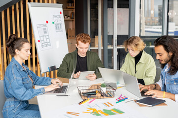 Young contemporary co-workers in casualwear using mobile gadgets in office