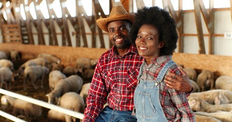 Portrait of happy young African American couple of farmers hugging and smiling to camera, sitting in stable for livestock. Handsome man and beautiful woman embracing at sheep farm. Farming concept.