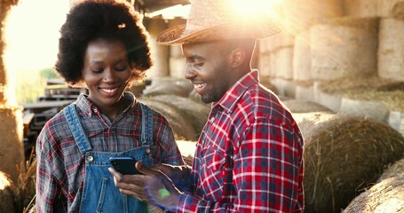 African American young happy man farmer showing something to woman on smartphone. Couple of farmers at hay stocks talking using on mobile phone. Countryside concept. Tapping and scrolling on cellphone