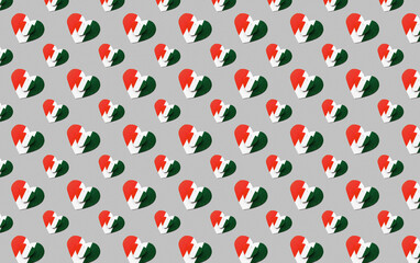 seamless pattern two wooden hearts small lies on large painted in colors of flag of Italy green, white and red on gray background