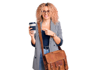 Fototapeta premium Young blonde woman with curly hair wearing leather bag and drinking a take away cup of coffee smiling happy pointing with hand and finger
