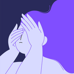 Flat illustration of a tired woman holding her head up covering her eyes with her hands. Depression and outburn concept