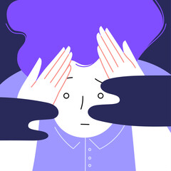 Flat illustration of an anxios person holding their head with their hands. Scared facial expression. Dark clouds on the front. Anxiety and panic disorder concept