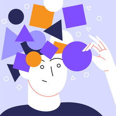 Mental health self help concept flat illustration. A person with abstract geometric figures coming from their head. Character holds one of the pieces with puzzeld facial expression.