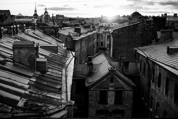 Roofs of St.Petersburg twilight. Black and white photography.