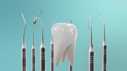 Healthy teeth rotation animation. Teeth with dental tools. Concept of toothbrushing, care and protection against caries. Concept oral care. Teeth whitening. Seamless, loop-able medical 4K 3D Animation