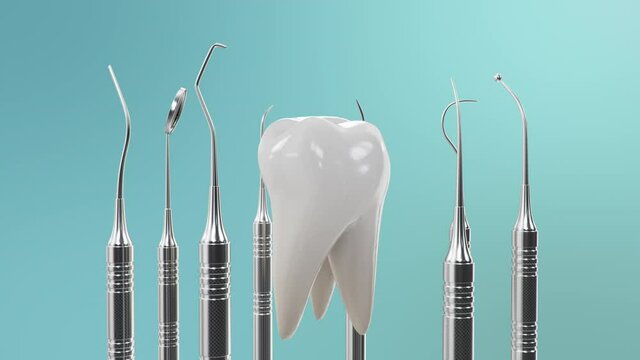 Healthy teeth rotation animation. Teeth with dental tools. Concept of toothbrushing, care and protection against caries. Concept oral care. Teeth whitening. Seamless, loop-able medical 4K 3D Animation