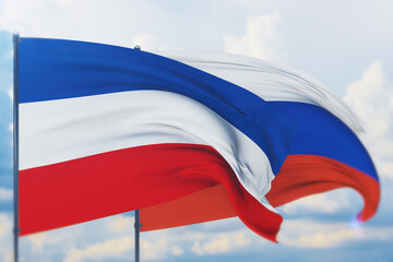 Waving Russian flag and flag of Yugoslavia. Closeup view, 3D illustration.