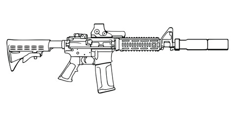 American M4 assault rifle with reflector sight and silencer. Vector Outline Illustration