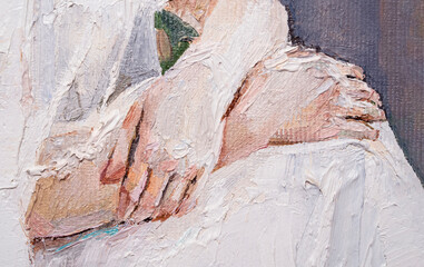 Macro. Textured art. Fragment of oil painting. Arms. Portrait of a girl.