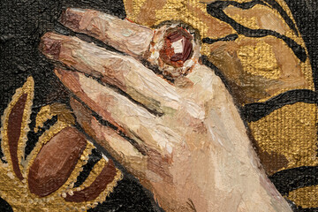 Macro. Textured art. Fragment of oil painting. Arm. Portrait of a girl.