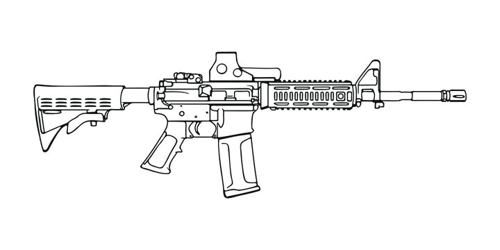 American M4 assault rifle with reflector sight. Vector Outline Illustration