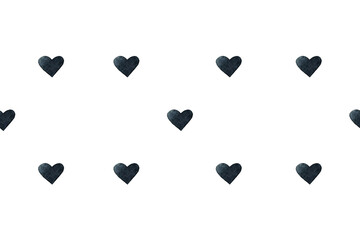 Watercolor painted seamless pattern on white background. Hand-drawn black hearts