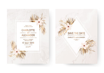 Elegant marble invitation design cards with dry gold tropical palm leaves and hibiscus flowers.