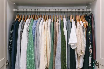 Clothes on a rail in a wardrobe. Seasonal capsule for easy dressing, order in things, cleaning out