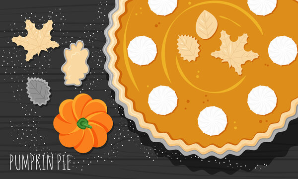 Vector flat horizontal banner for Thanksgiving day. Pumpkin pie with wripped cream cheese and dough leaves are on black wooden table. National traditional seasonal food for North America holidays