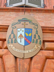 Italy, Marche, Tolentino decoration in the city center.  Consummati in Unum (perfect in the unity).