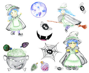 Illustration for Halloween. Watercolor set. Witch, Moon, spider, web, cauldron, potions, evil smile.