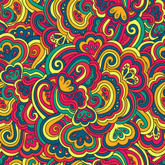 Fototapeta na wymiar Seamless psychedelic pattern with crazy colorful ornamental elements.