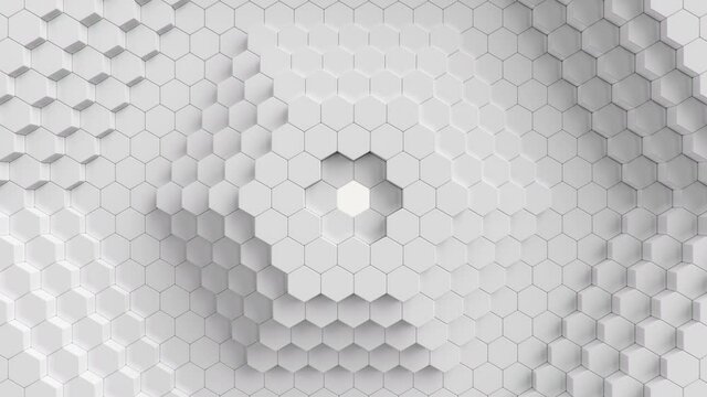 Animation abstract white hexagons moving up, down. Polygon surface with luminous hexagon in the center, hexagonal honeycomb. Futuristic abstract background for business presentation. Looped 4k UHD