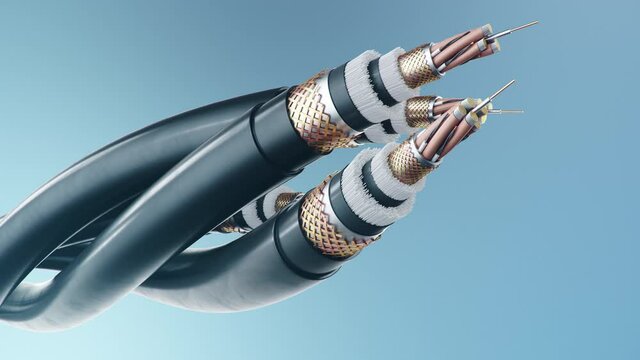 Concept of fiber optic cable on a colored background. Future cable technology. Detailed curved cable in cross section. Powerful communication technology network. Seamless, loopable 3d animation 4K
