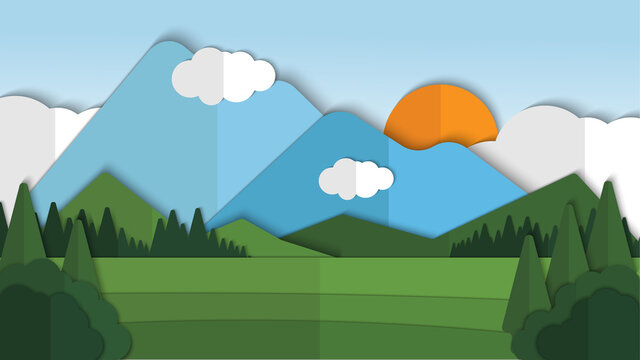 Beauty nature landscape paper cut style with cloud background vector illustration, landscape pattern