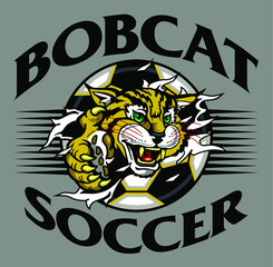 bobcat soccer team design with mascot ripping out of ball for school, college or league