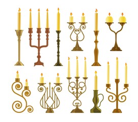 Candlestick icon. Vintage candelabrum or candlestick with burning wax candle flame set. Vector elegant old-fashioned royal gold, bronze, brass metallic lamp icon illustration for interior design