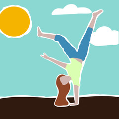 Fototapeta na wymiar Woman turns cartwheels on beach, nature, field. Happy colorful illustration of girl exercising and flipping over with copy space.