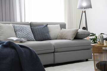 Elegant living room with comfortable sofa near window. Interior design