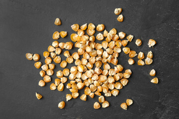 Raw dry corn seeds on grey background, flat lay. Vegetable planting
