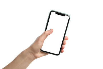 MYKOLAIV, UKRAINE - JULY 07, 2020: Woman holding iPhone 11 on white background, closeup. Mockup for...