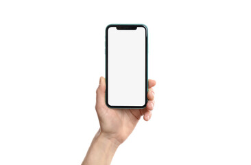 MYKOLAIV, UKRAINE - JULY 07, 2020: Woman holding iPhone 11 on white background, closeup. Mockup for design